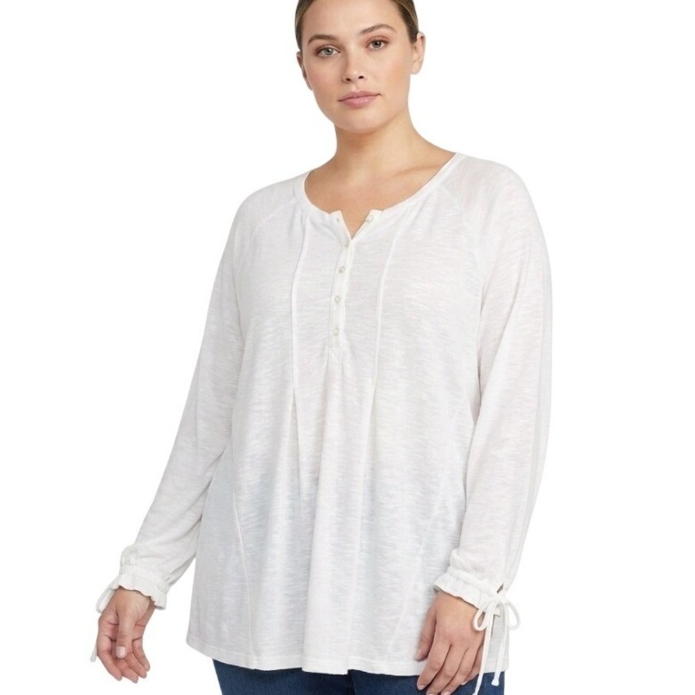 American Rag Plus Womens Size 1X White Long Sleeve Henley Tunic‎ Top Tie Cuffs